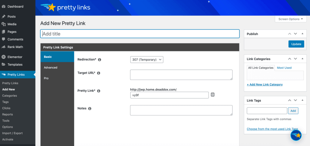 Create a URL redirect in Pretty Links.