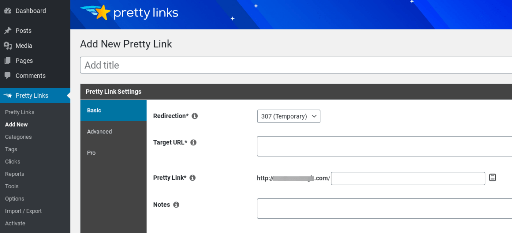 The option to add a new Pretty Link in WordPress.