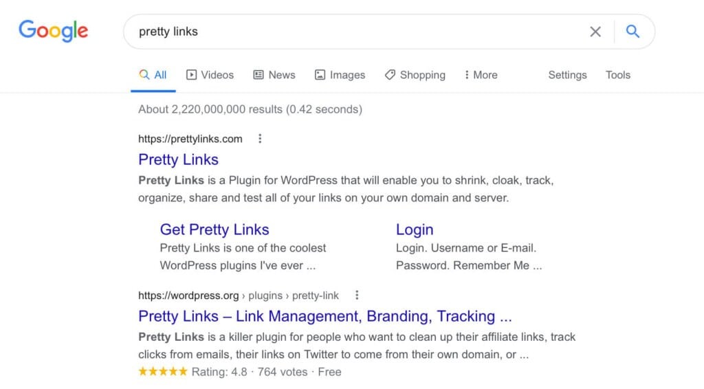 A Google search for Pretty Links.