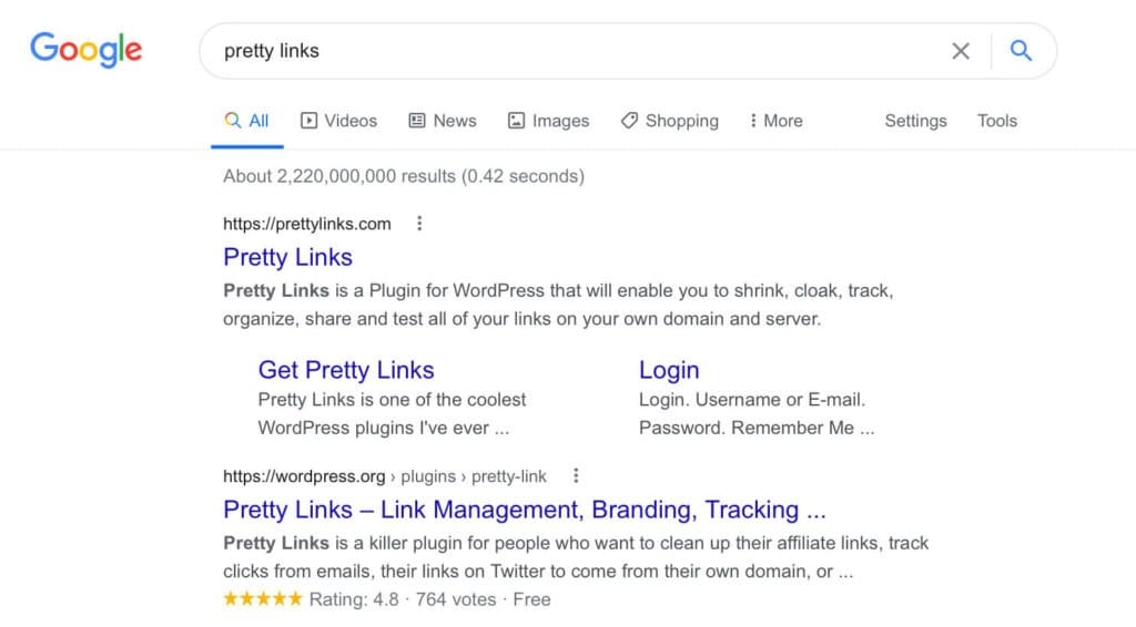 Uma busca no Google por Pretty Links.