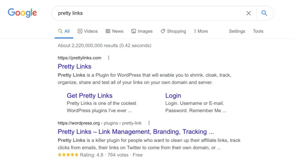 Uma busca no Google por PrettyLinks.