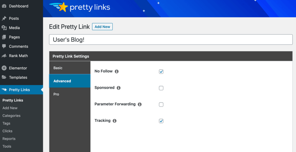 The URL redirect settings, inside Pretty Links.