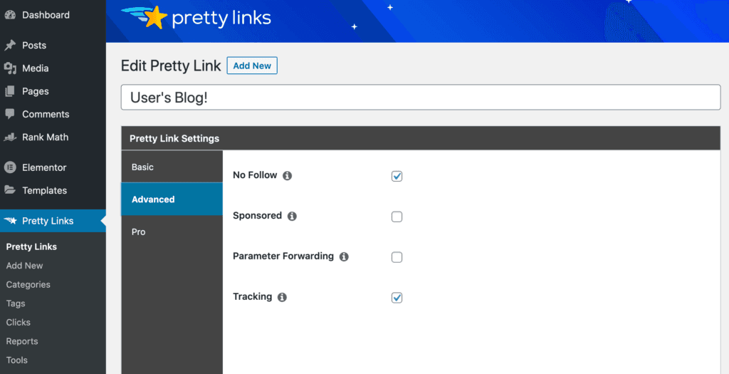 As configurações de redirecionamento de URL, dentro do Pretty Links.