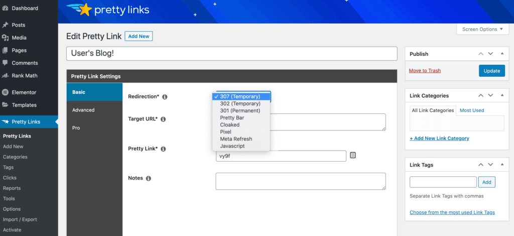 O painel Pretty Links de redirecionamento de URL.