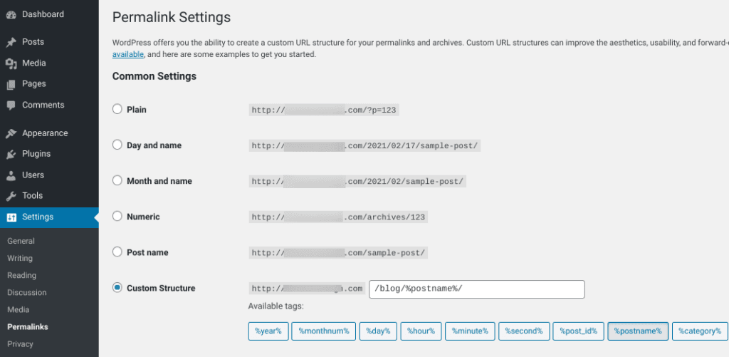 The peramlink settings page in WordPress.