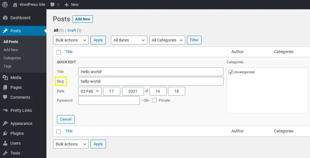 Changing a post slug in WordPress.