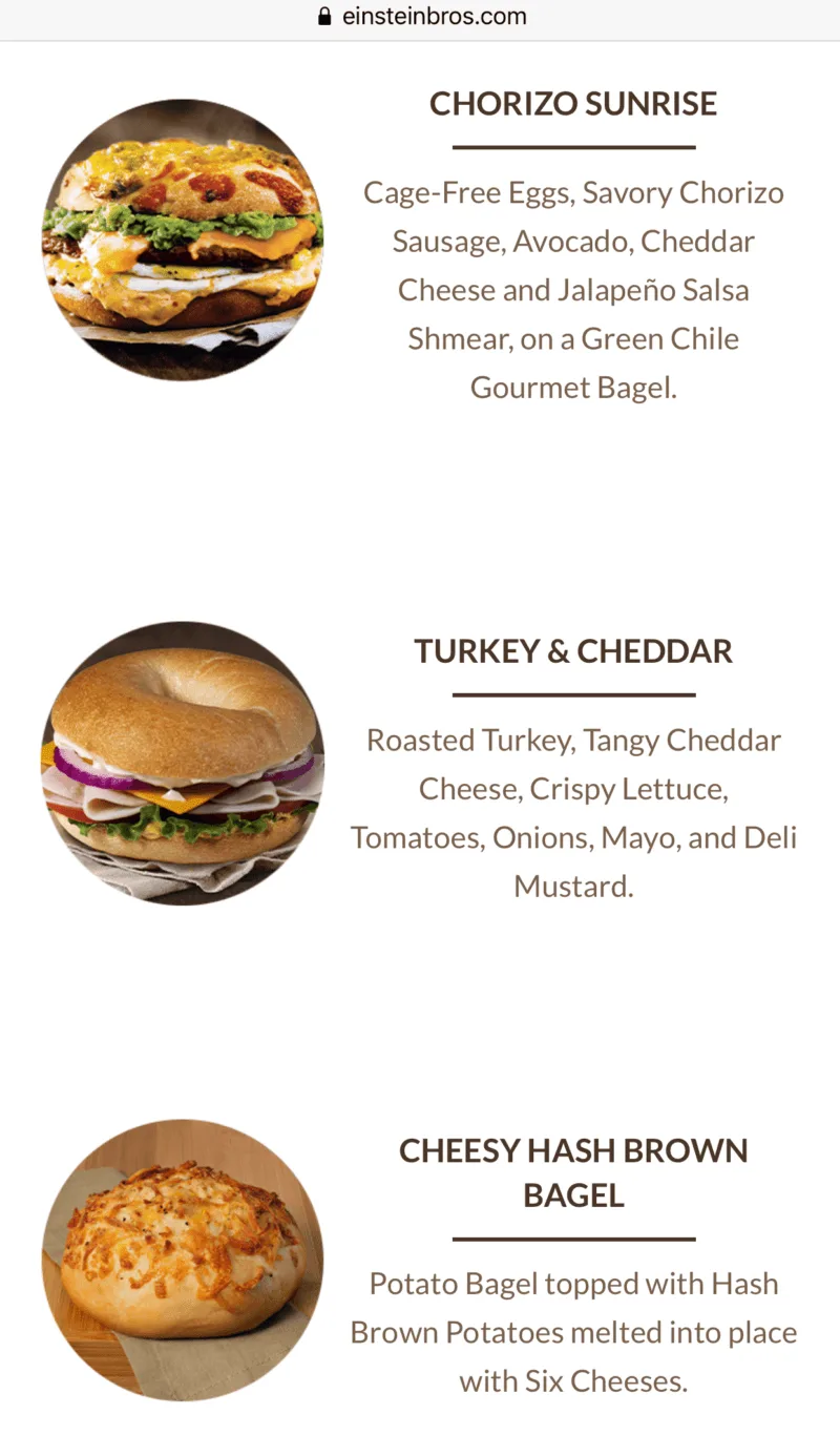 El sitio móvil de Einstein Bros Bagels, con tres opciones de menú presentadas en un formato fácil de leer.
