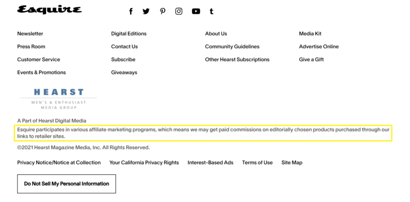 An example of affiliate link disclosures from Esquire.