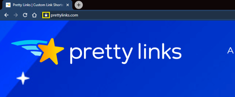 The Pretty Links homepage with the HTTPs indicator highlighted.