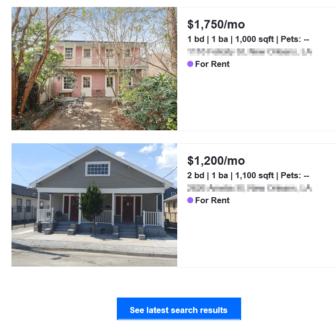 An email from Zillow displaying two houses as well as a button to access the search that found them.