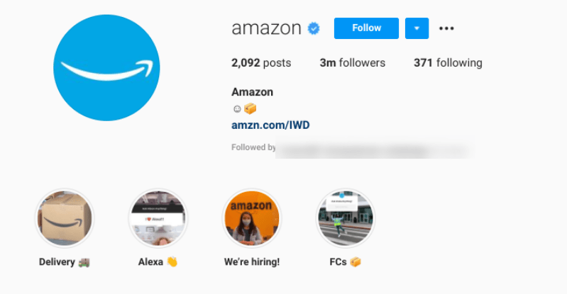 Amazon's custom link in Instagram bio.