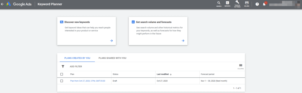 The Google Keyword Planner dashboard.