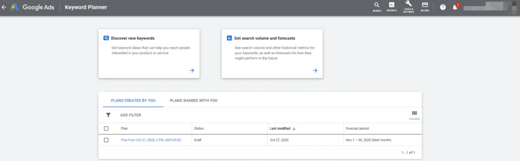 The Google Keyword Planner dashboard.