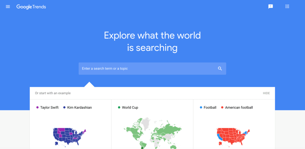 O painel de controle do Google Trends.