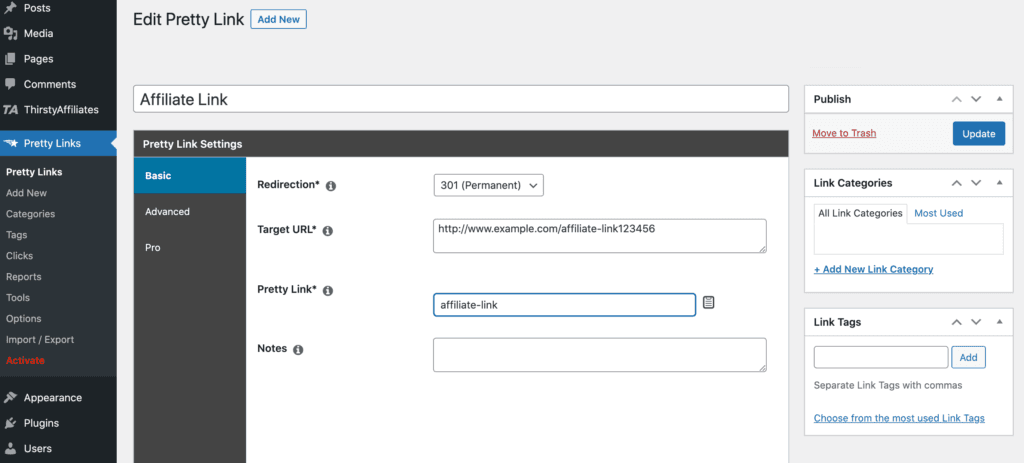 El plugin de ocultamiento de enlaces de afiliados Pretty Links. 