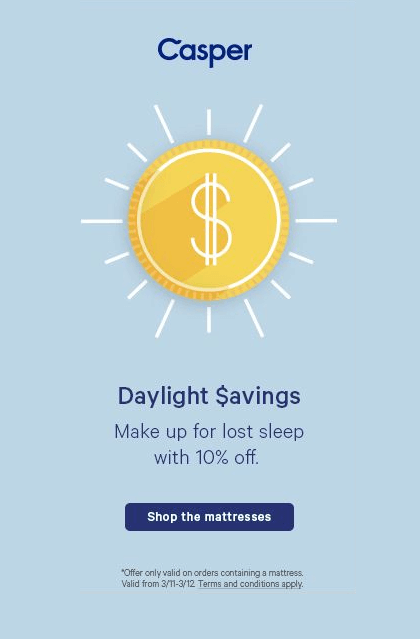 A daylight savings themed ad for Casper mattresses, with a promised 10% discount for those who click on it.