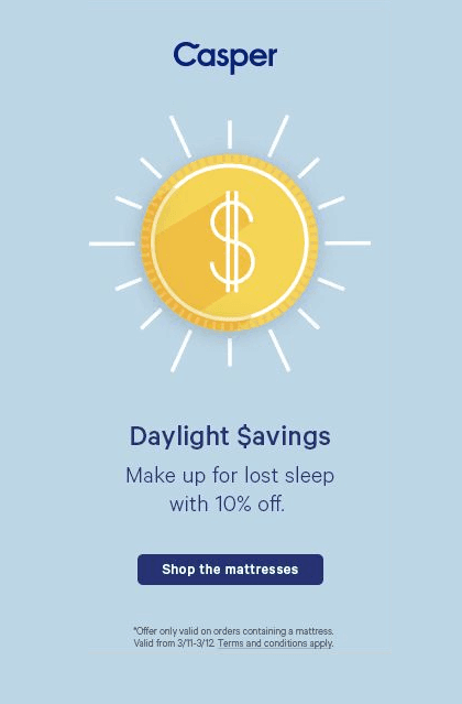 A daylight savings themed ad for Casper mattresses, with a promised 10% discount for those who click on it.