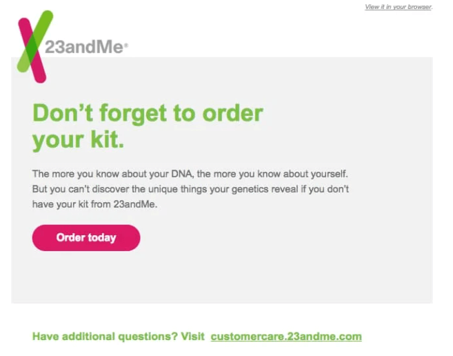 An abandoned cart email from 12andMe - best email campaigns