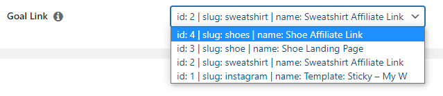 Selecting the goal link for an A/B test.