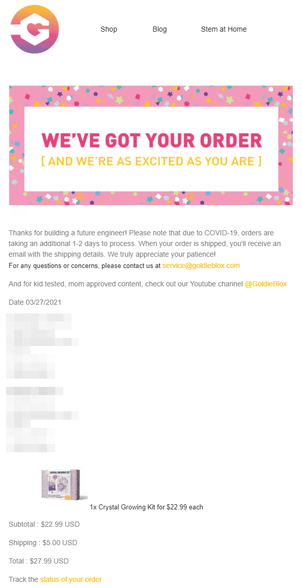 Uma confirmação de pedido da GoldieBlox - melhores campanhas de e-mail