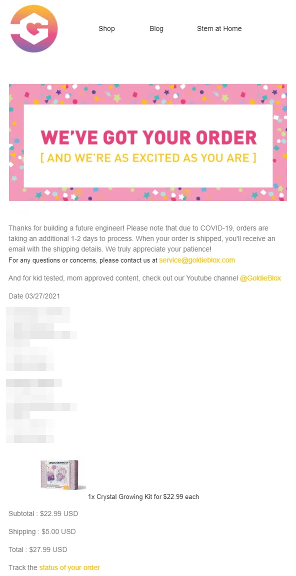 An order confirmation from GoldieBlox - best email campaigns