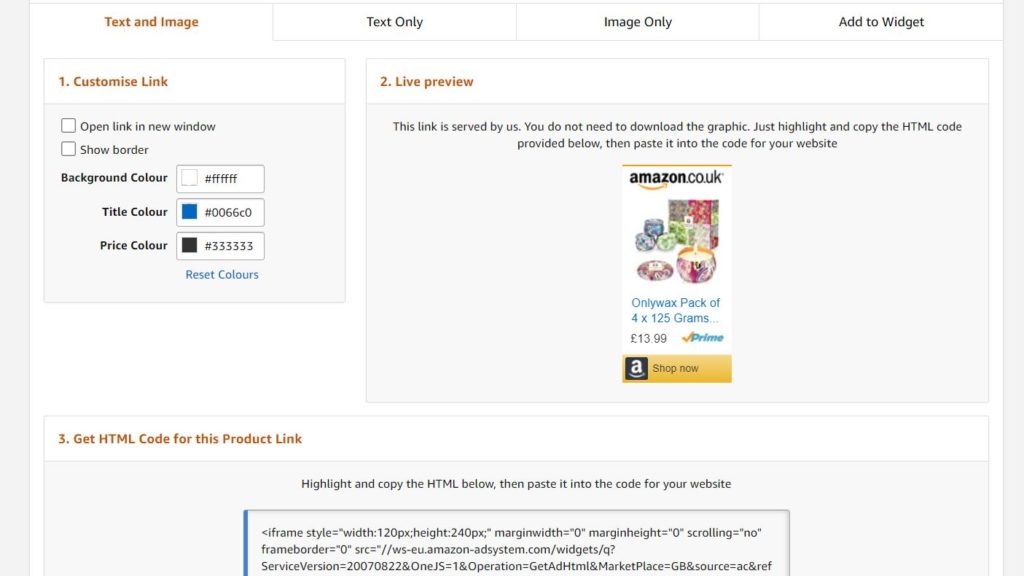 Customizing text, image and links for affiliate products in Amazon Associates