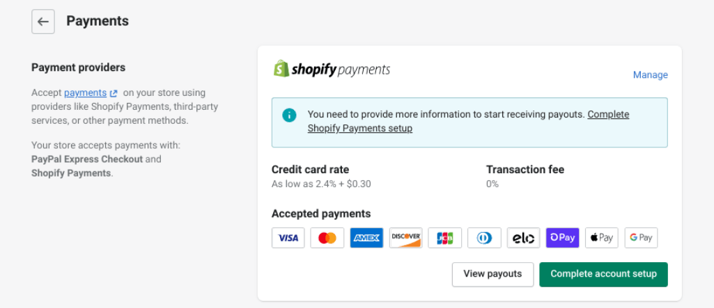  Setting up Shopify payments.
