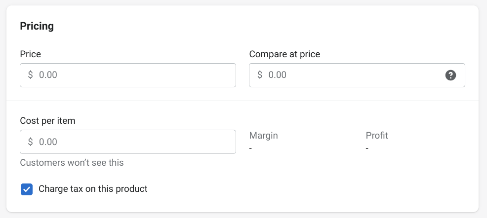 The pricing section of the Shopify new product screen.