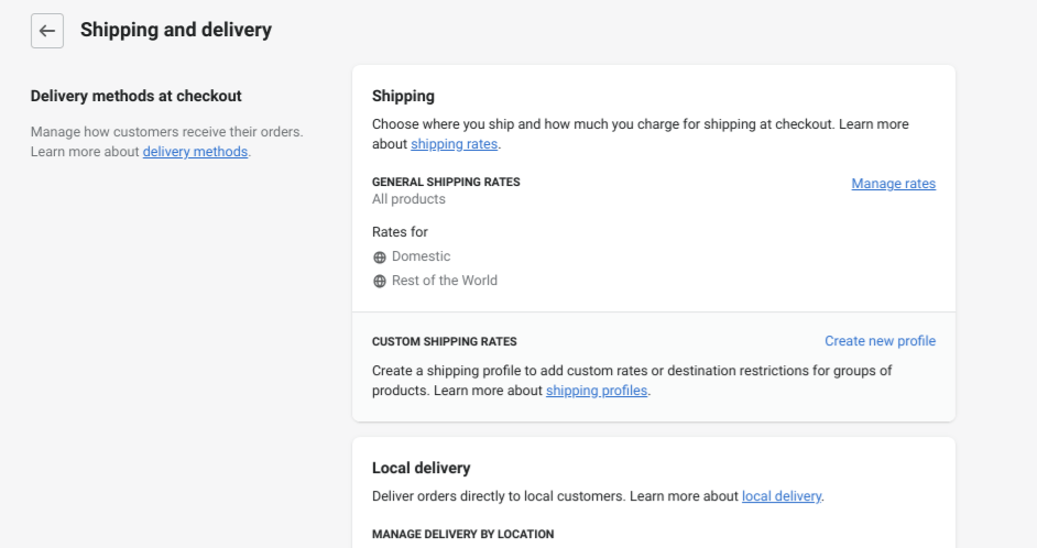 Shipping and delivery options in Shopify.