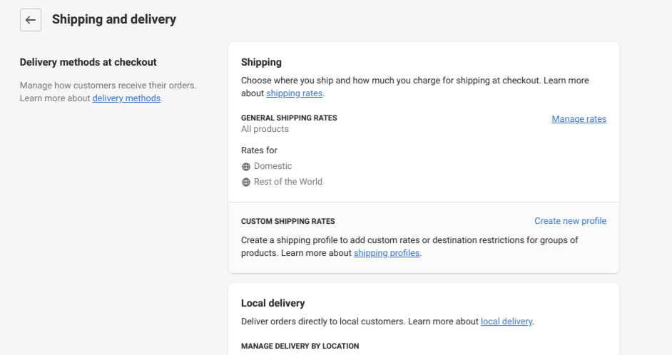 Shipping and delivery options in Shopify.