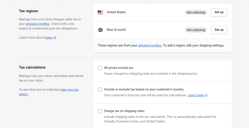 The Shopify tax calculations page.