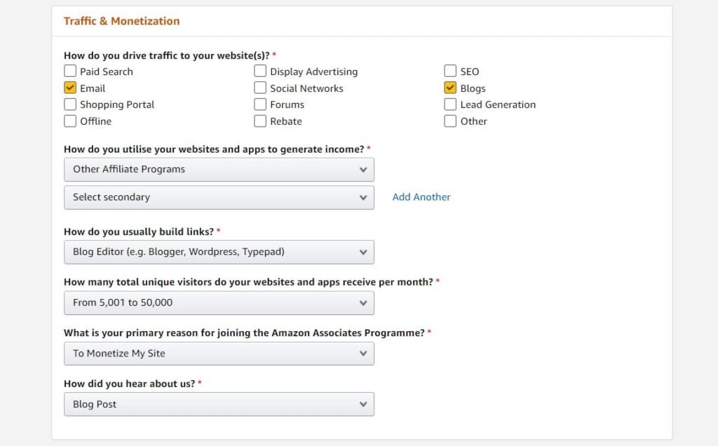 Building your Amazon Associates profile
