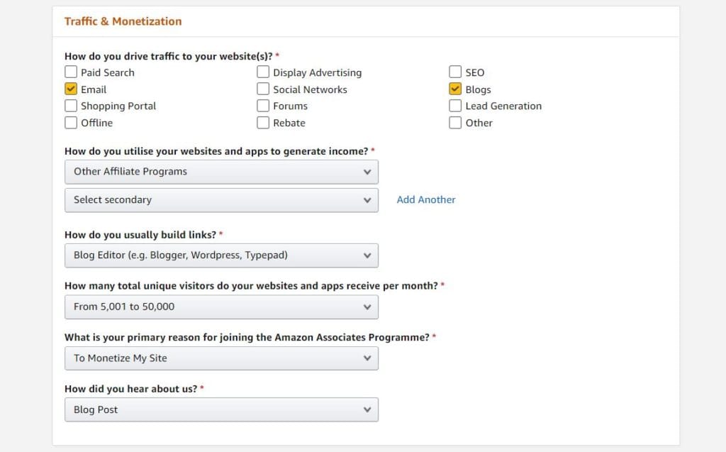 Applying for the Amazon Associates network. 