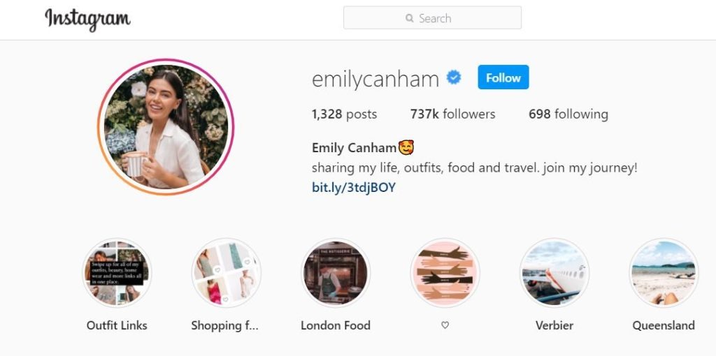 An example of an influencer page on Instagram.