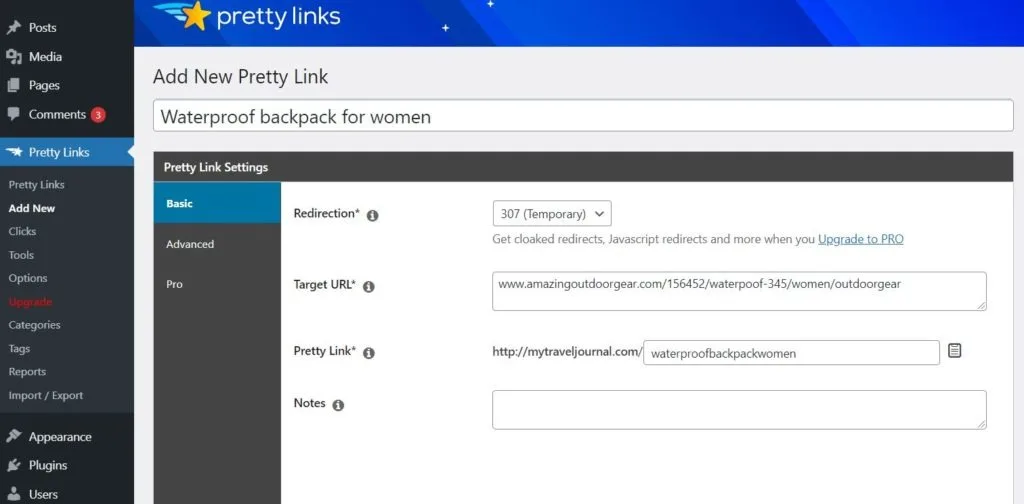Das PrettyLinks-Plugin.