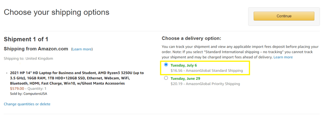 Annotated screenshot of a checkout page showing additional shipping costs