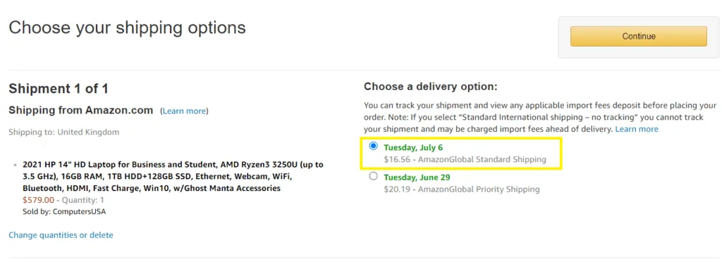 Annotated screenshot of a checkout page showing additional shipping costs