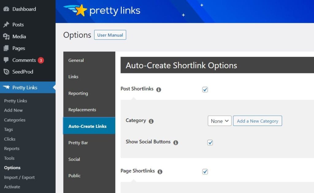 La opción Auto-Crear Enlaces en la versión Premium de Pretty Links - Pretty Links Automation Features