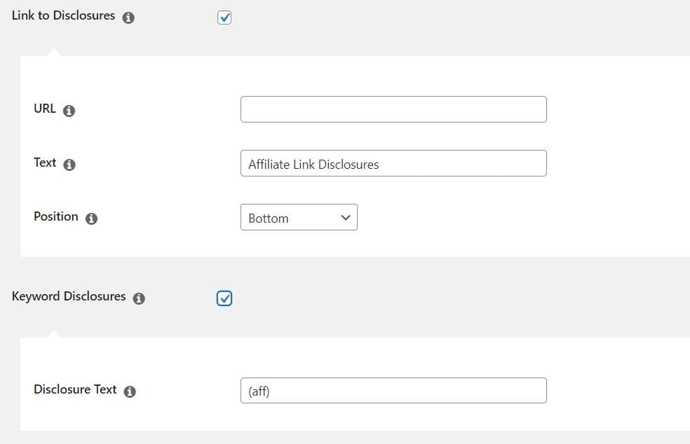 Affiliate Disclosures option in Pretty Links