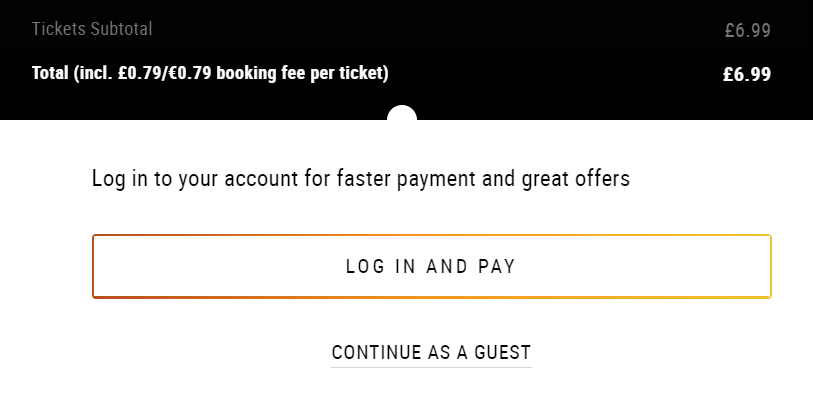 A checkout page with options to 'log in and pay' or 'continue as guest'