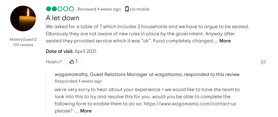 An example of how to Publicly Handle a Negative Review with an apologetic response 