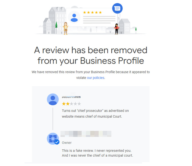 Google My Business message explaining that a review has been removed