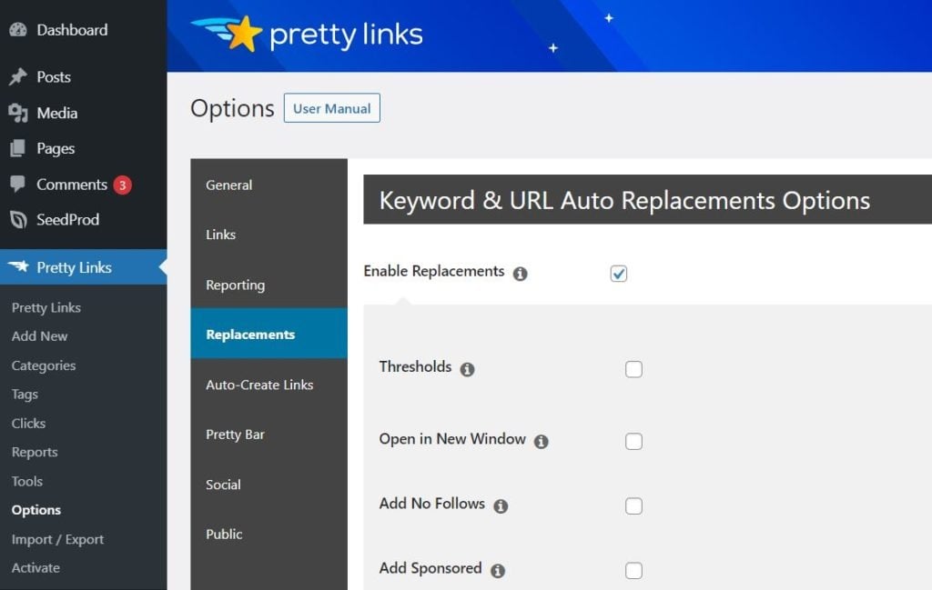 Harness the power of automation with Auto replacement options in Pretty Links. 