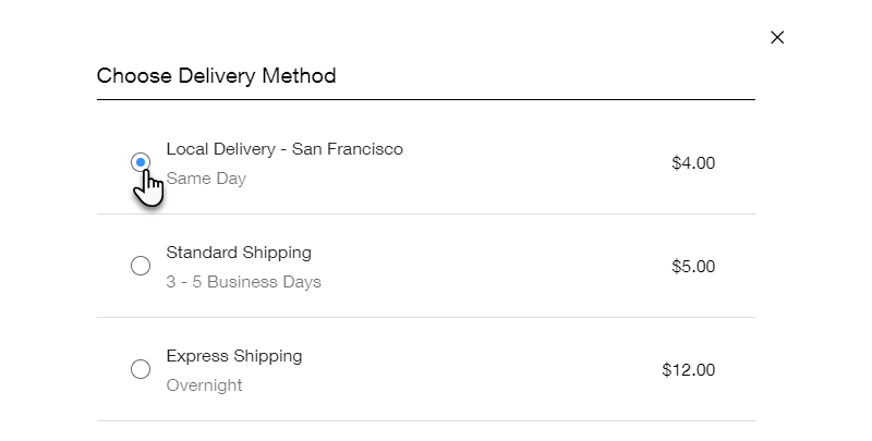 Checkout page offering multiple delivery methods including express shipping