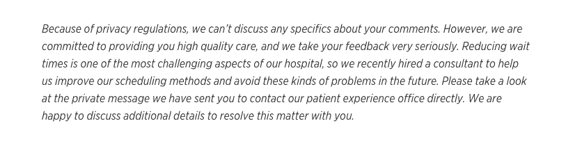 Review response from hospital asking the patient to continue the conversation over private message
