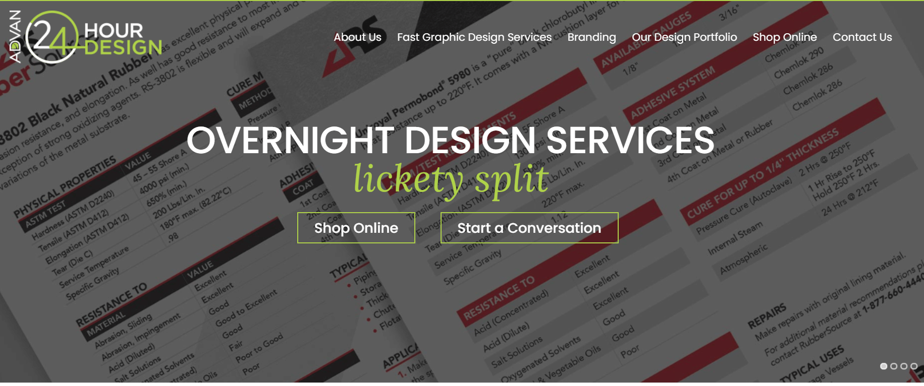 24-hour design homepage with text that reads "Overnight design services lickety split".
