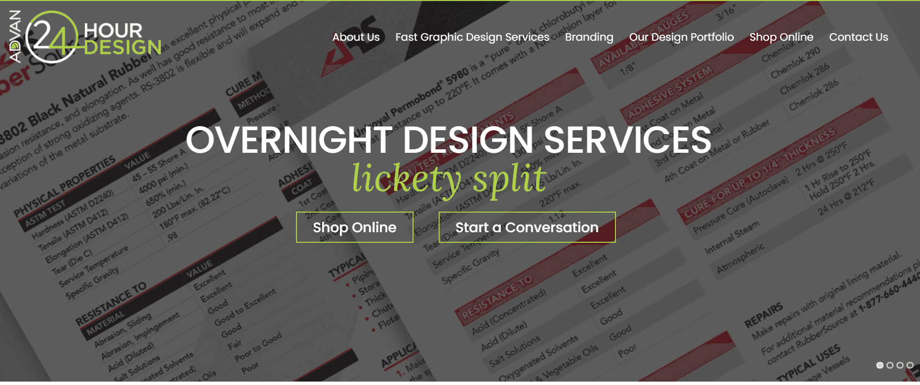 24-hour design homepage with text that reads "Overnight design services lickety split".