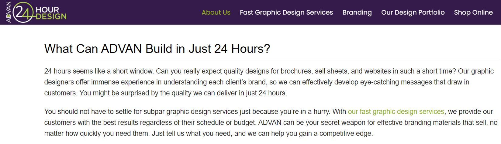 The 'About Us' page of 24-Hour Design