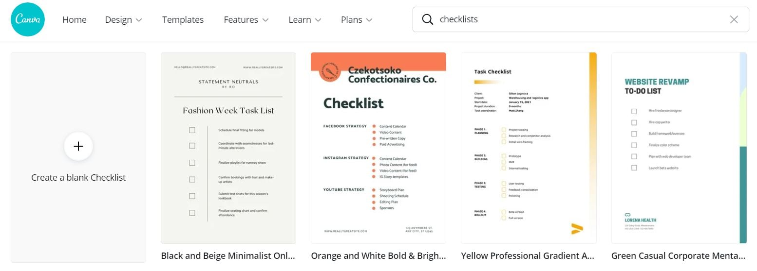 Canva offers many templates for creating documents such as checklists.