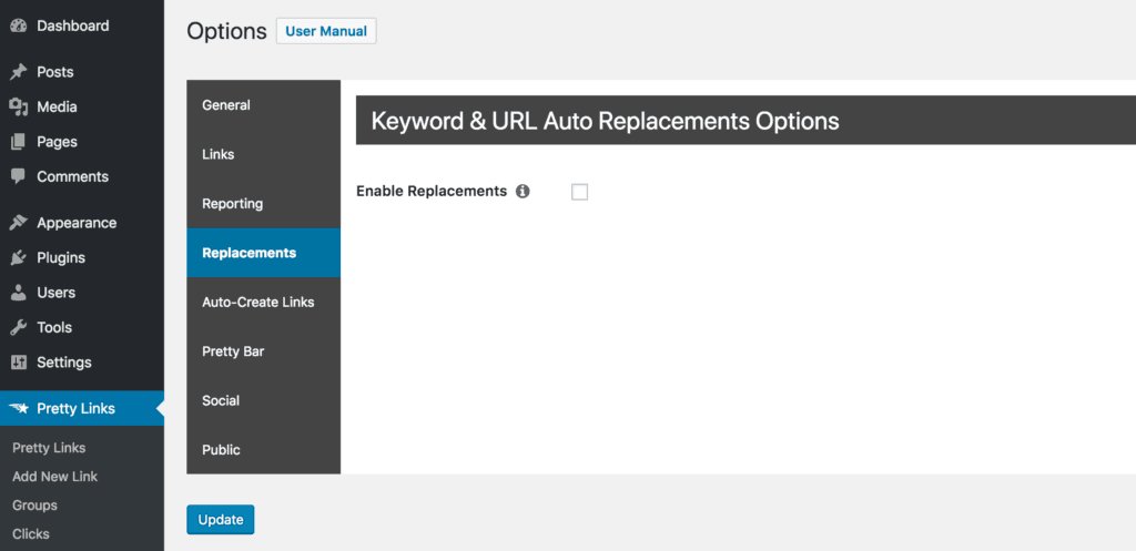 The Keyword Replacements interface in the Pretty Links Options panel